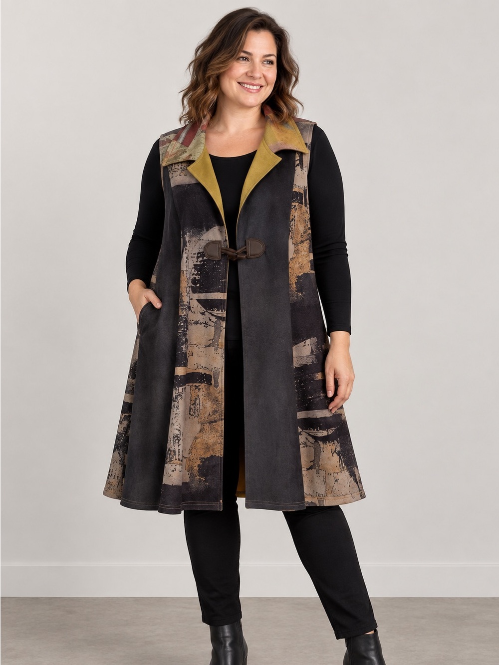 Talk of the Walk Women’s XXL Long Vest Duster Abstract Print Toggle Closure